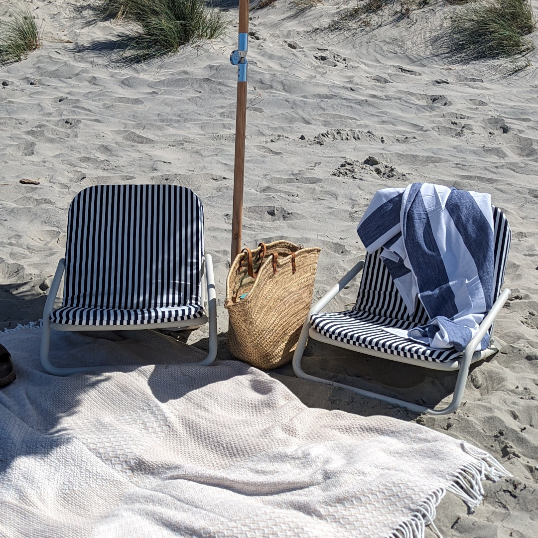 The Holkham: Navy Striped Boho Beach Umbrella & Beach Chair Set