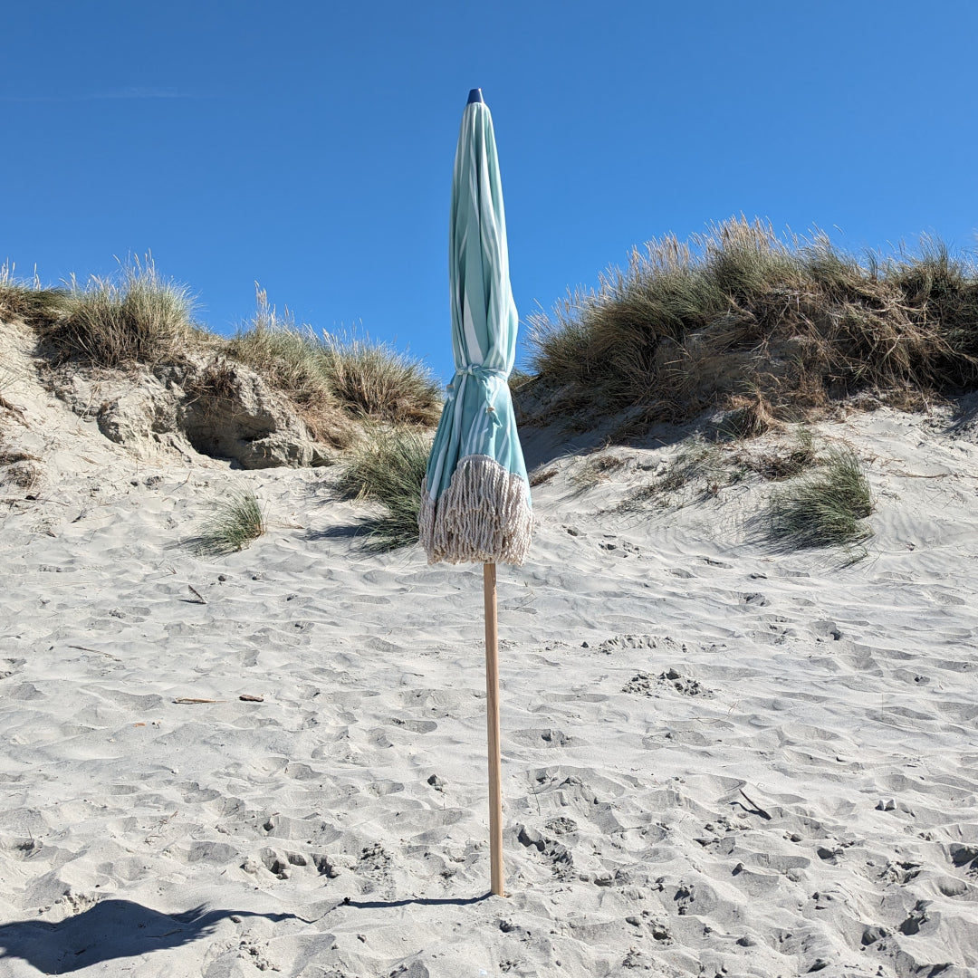 The Hove: Green Striped Boho Beach Umbrella & Beach Chair Set