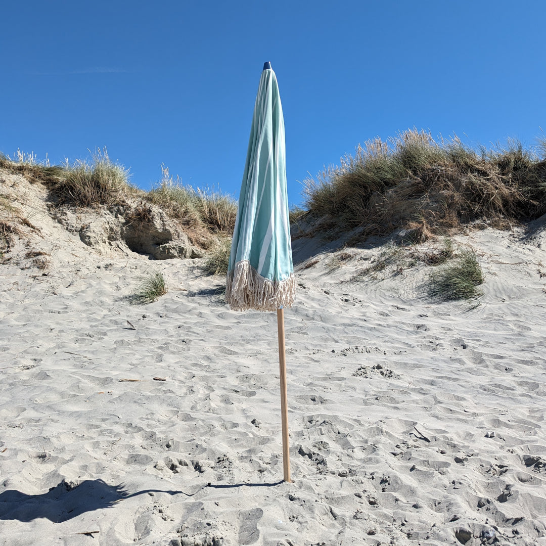 The Hove: Green Striped Boho Beach Umbrella & Beach Chair Set
