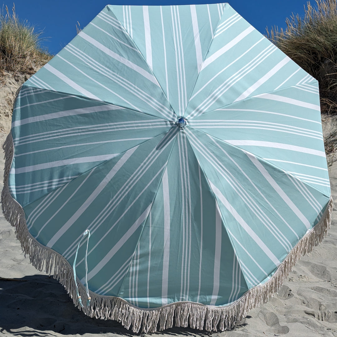 The Hove: Green Striped Boho Beach Umbrella & Beach Chair Set