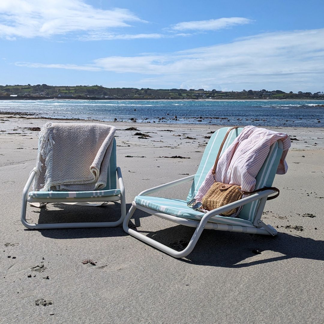 The Hove: Green Striped Boho Beach Umbrella & Beach Chair Set