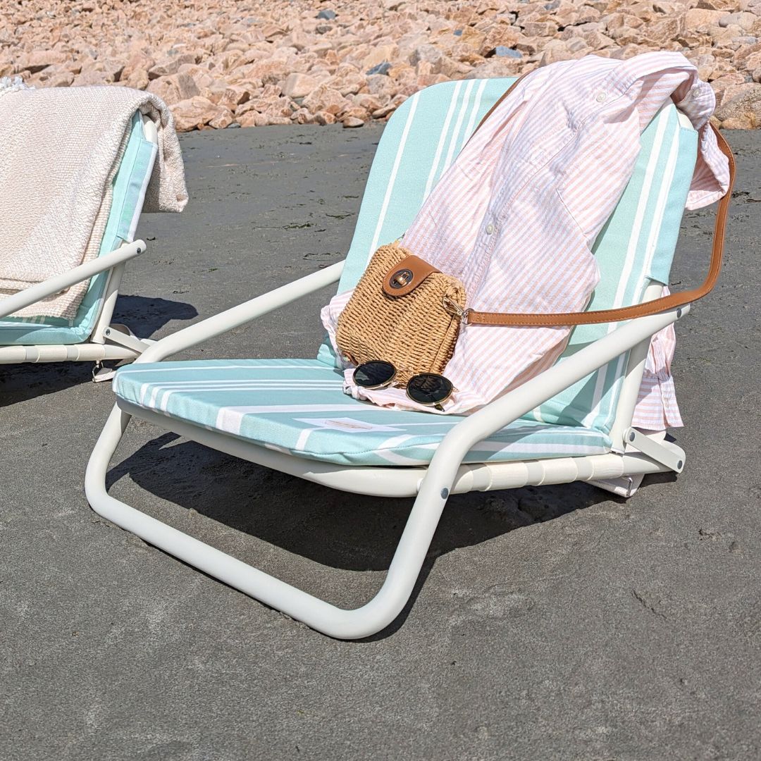 The Hove: Green Striped Boho Beach Umbrella & Beach Chair Set
