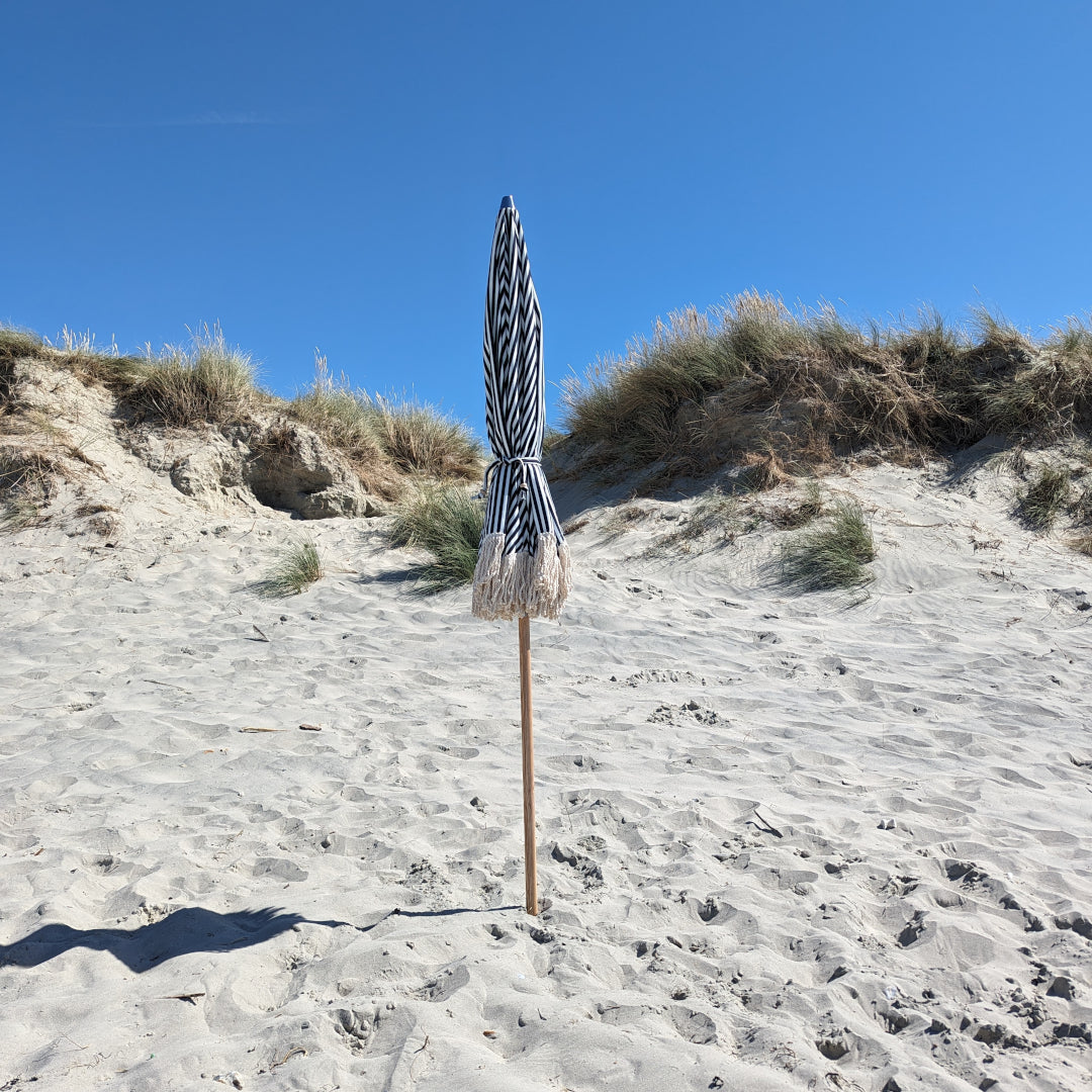 The Holkham: Navy Striped Boho Beach Umbrella & Beach Chair Set