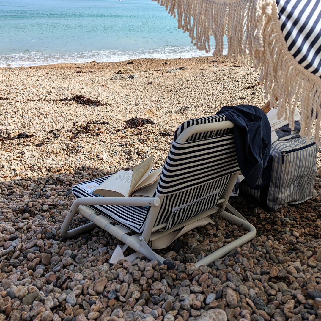 The Holkham: Navy Striped Boho Beach Umbrella & Beach Chair Set