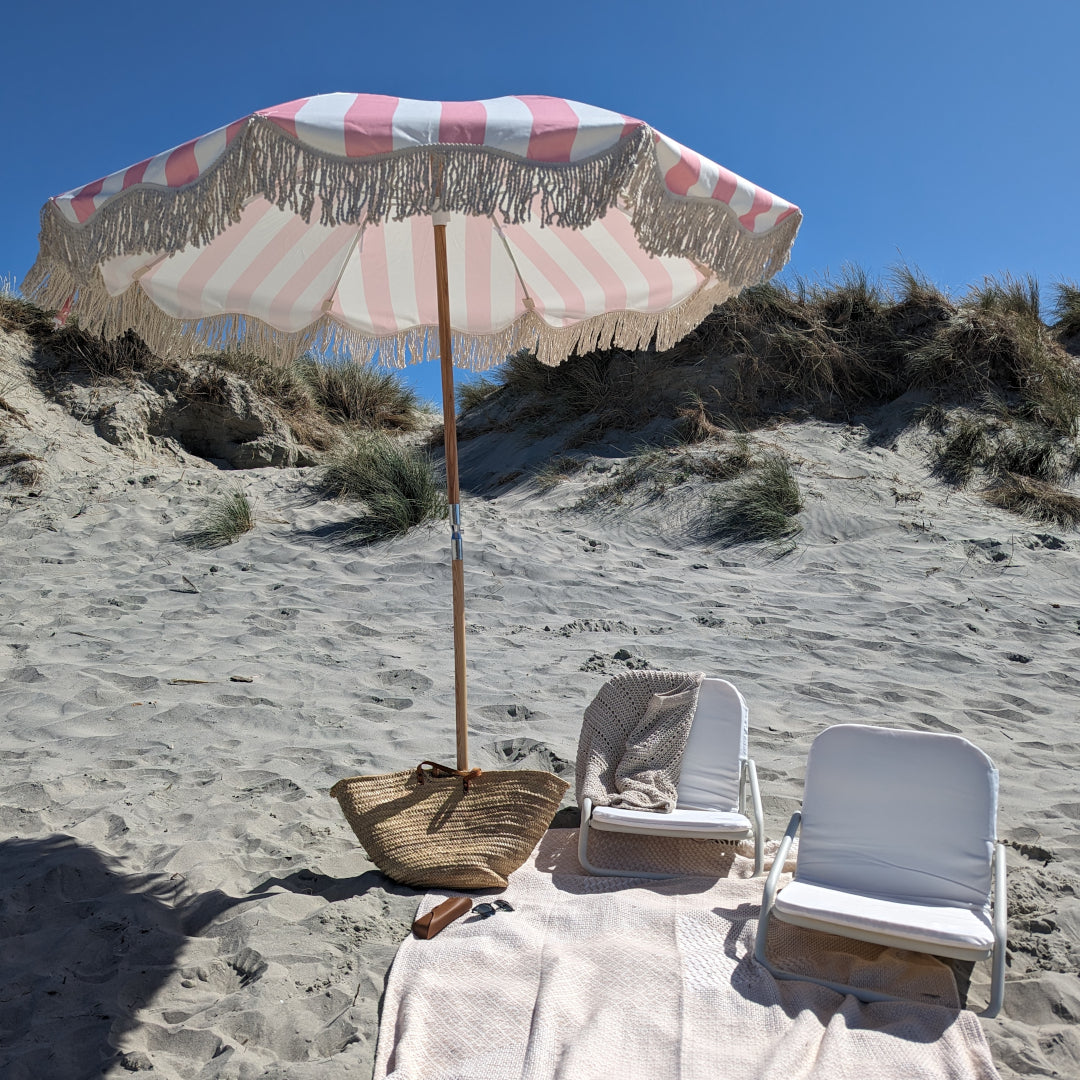 The Camber Sands: Pink Striped Boho Beach Umbrella and Chair Set