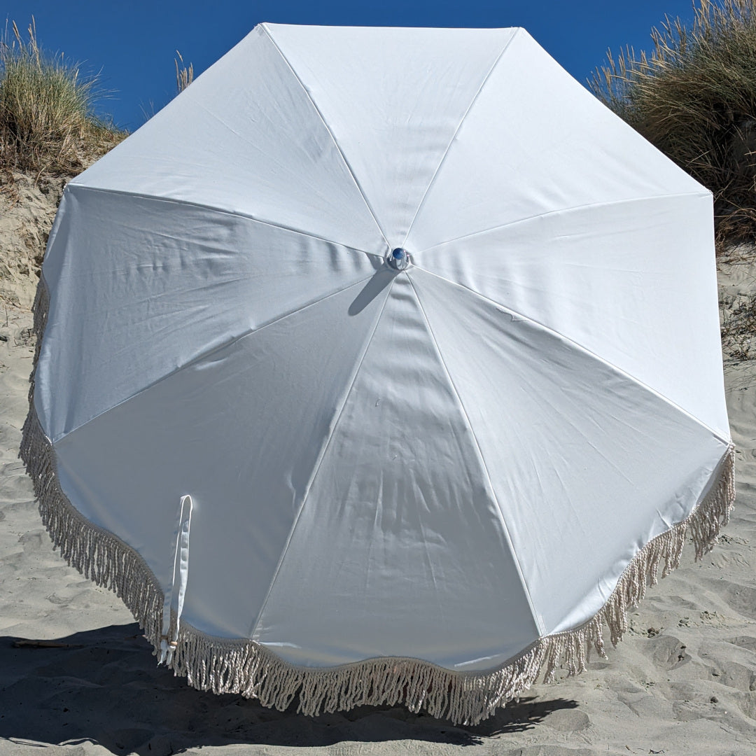 The Witterings: White Boho Beach Umbrella & Beach Chair Set