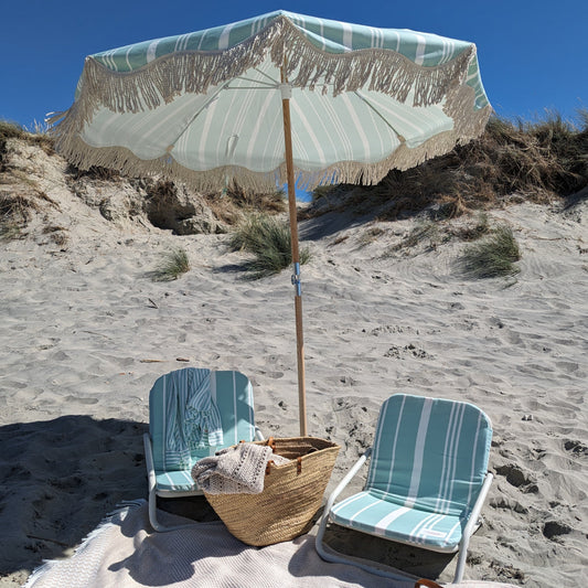 The Hove: Green Striped Boho Beach Umbrella and Chair Set