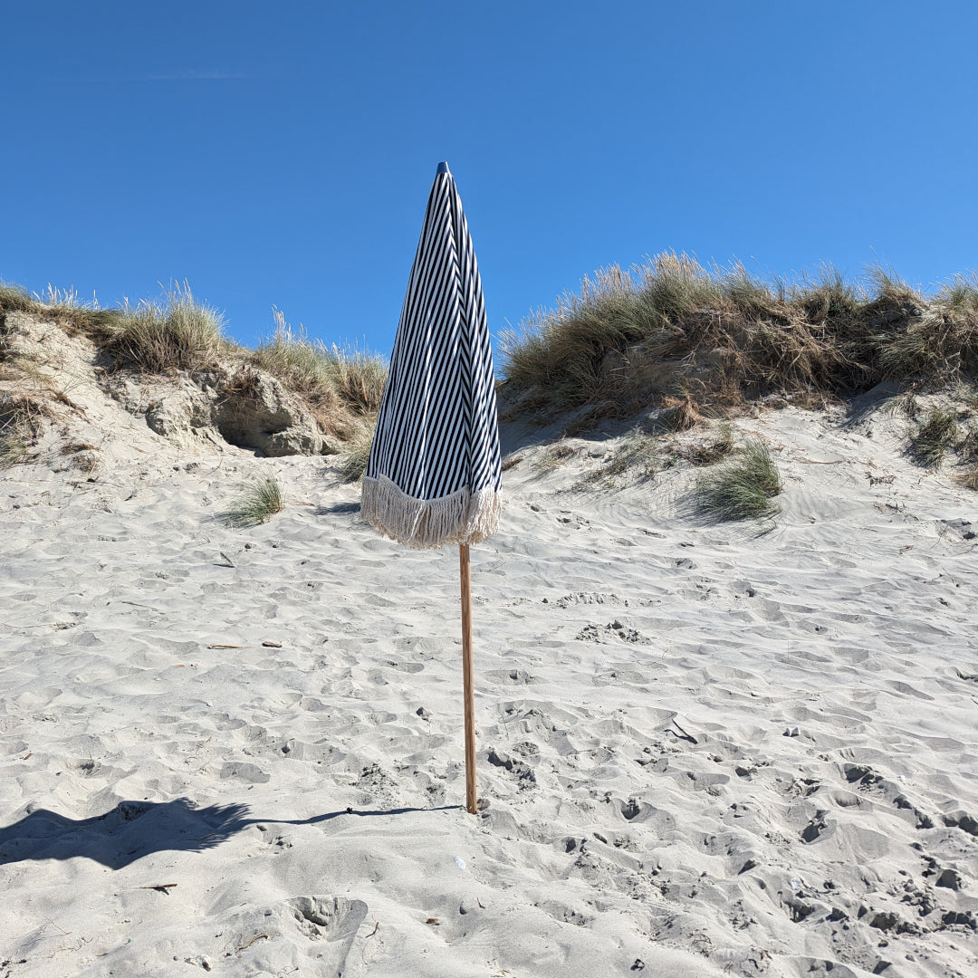 The Holkham: Navy Striped Boho Beach Umbrella & Beach Chair Set