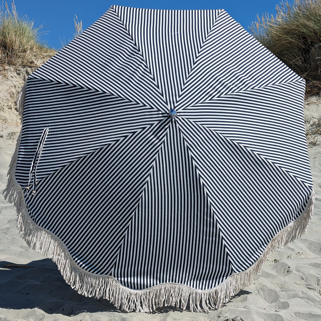 The Holkham: Navy Striped Boho Beach Umbrella & Beach Chair Set