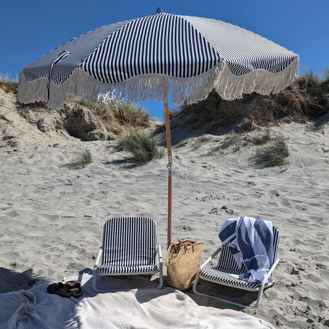 The Holkham: Navy Striped Boho Beach Umbrella and Chair Set