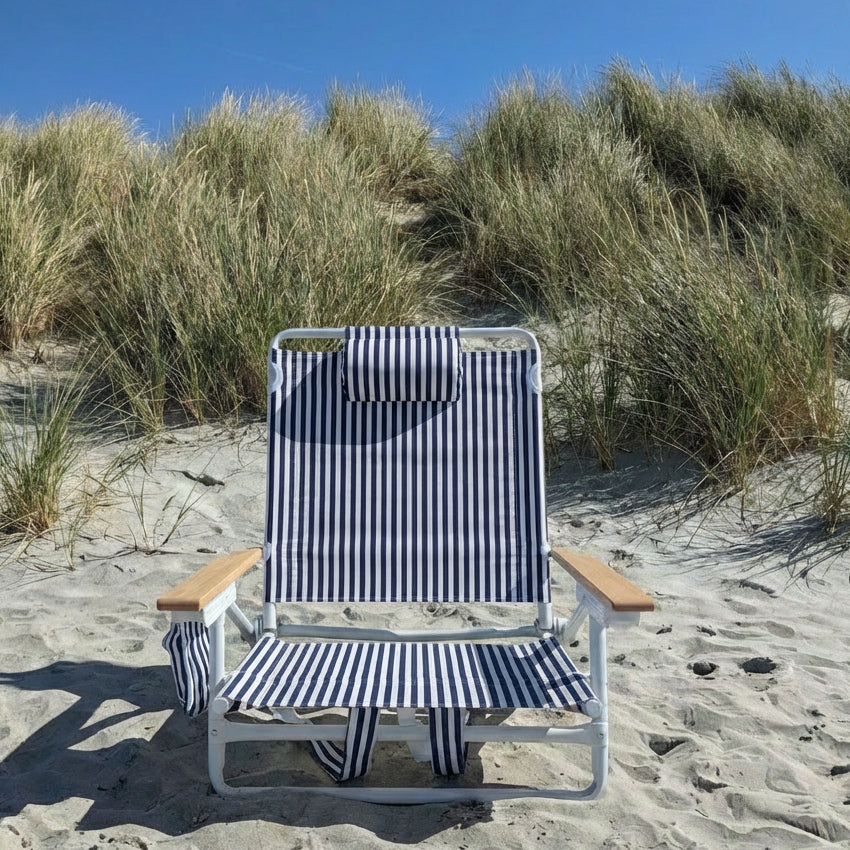 The Holkham: Navy Striped Backpack Beach Chair