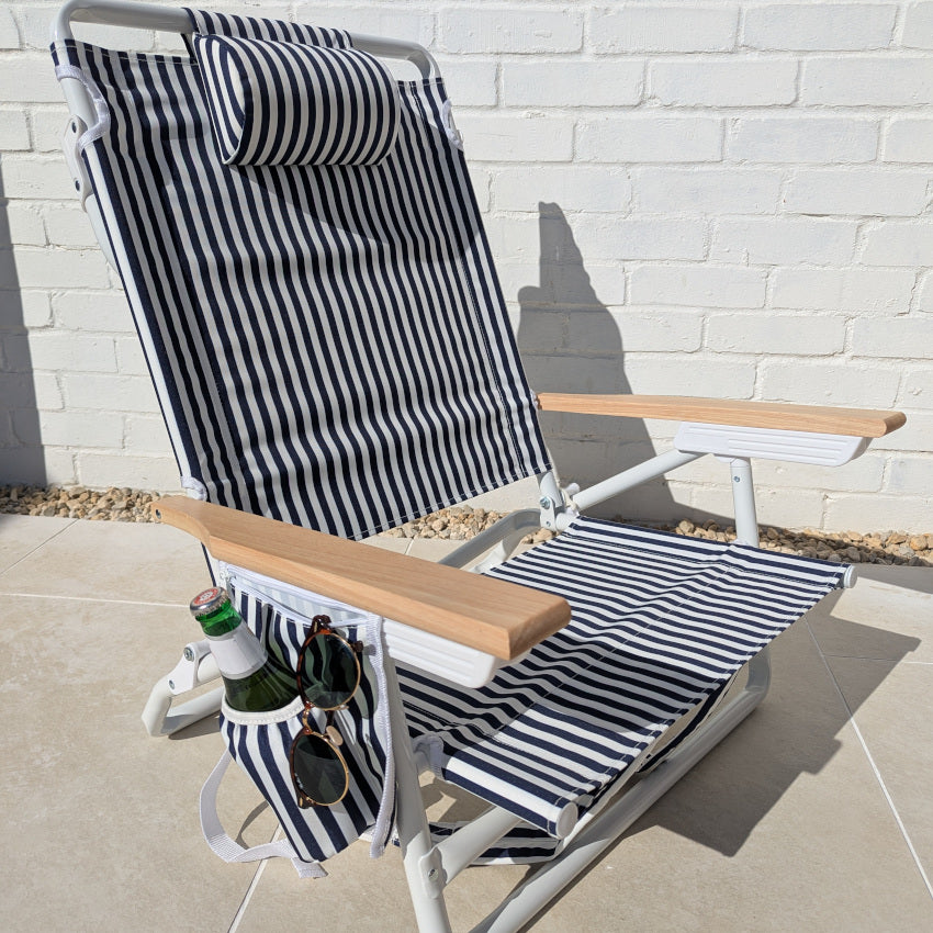 The Holkham: Navy Striped Backpack Beach Chair