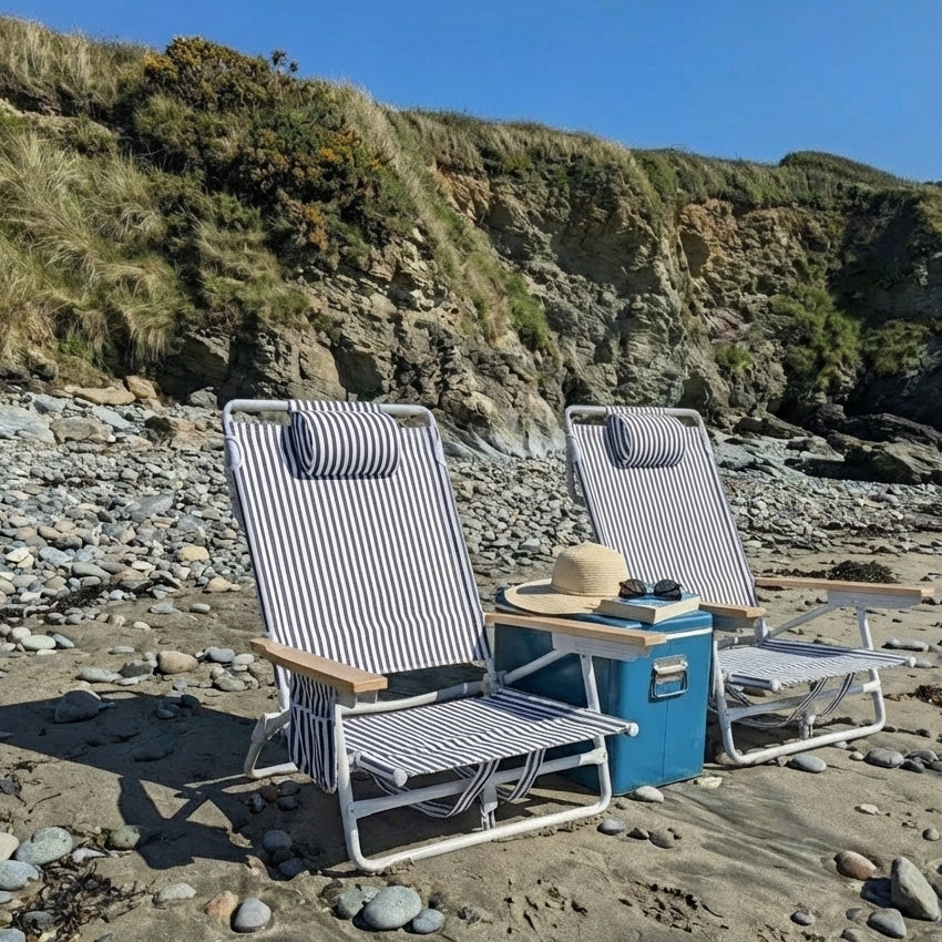 The Holkham: Navy Striped Backpack Beach Chair