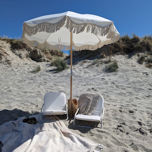 The Witterings: White Boho Beach Umbrella and Chair Set