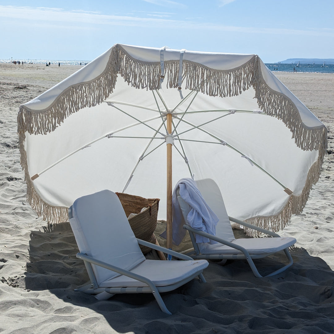 The Witterings: White Boho Beach Umbrella & Beach Chair Set