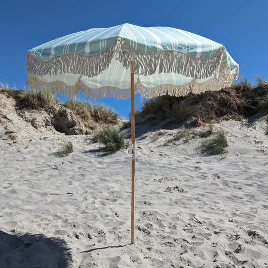 The Hove: Green Striped Boho Beach Umbrella