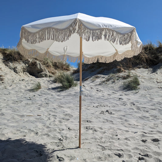 The Witterings: White Boho Beach Umbrella